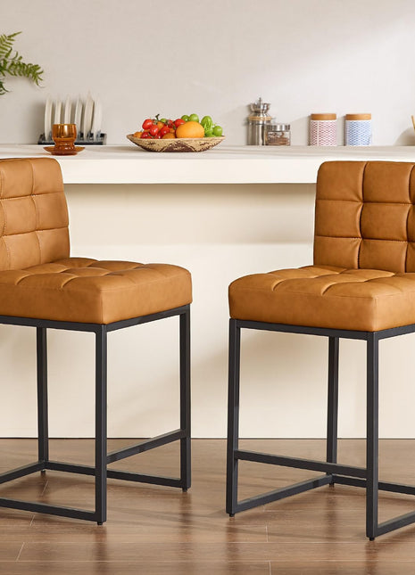 Contemporary Set of 2 Counter Height Bar Stools, 25" Brown Faux Leather with Back, Durable Metal Legs, Upholstered Checkered Design for Kitchen Island