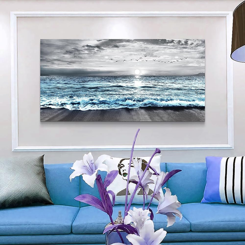 Large Canvas Wall Art for Living Room & Bedroom Decor - Black & White Blue Sea Wave Pictures - Framed Beach Posters