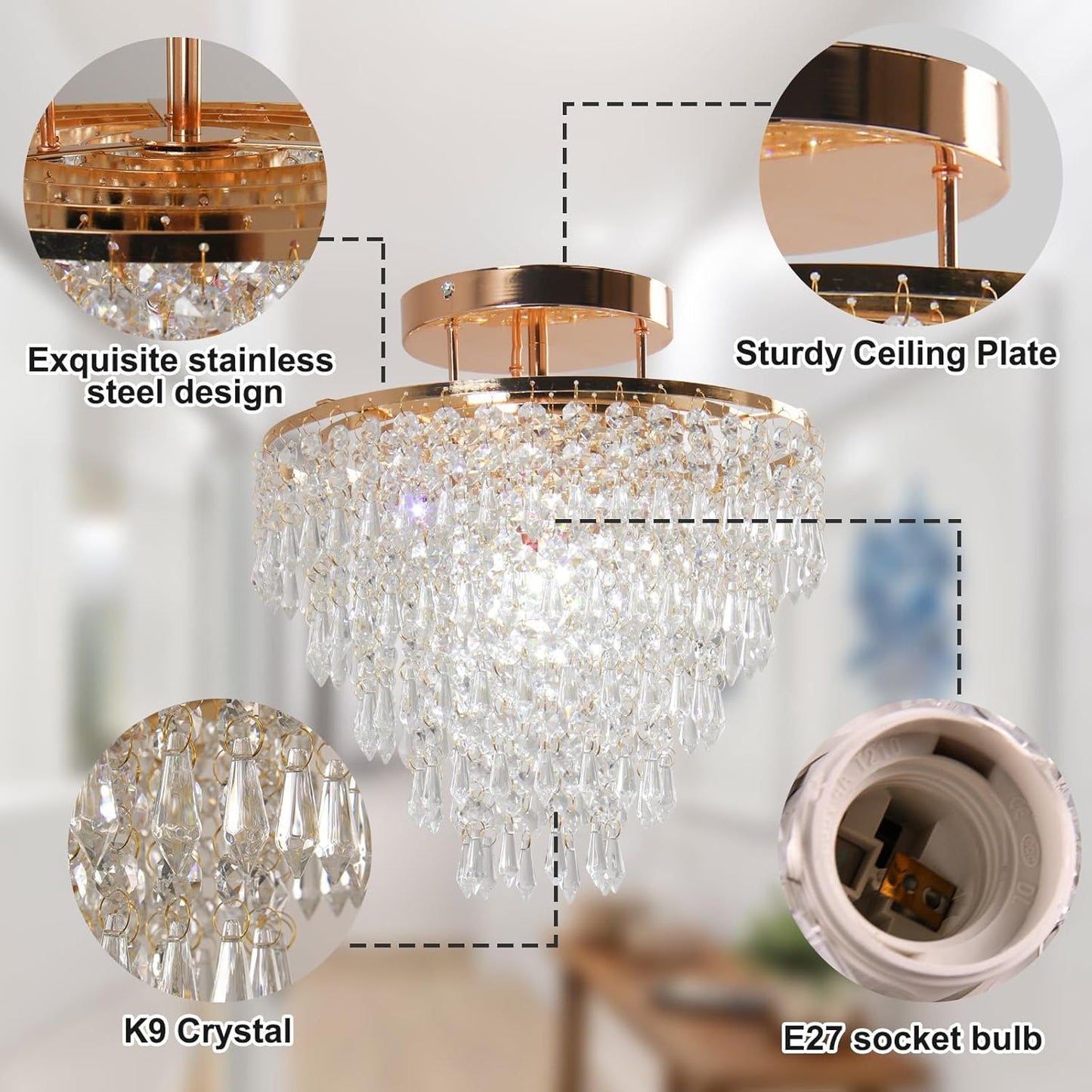 11.8" Crystal Chandelier Gold Flush Mount Ceiling Light 5 Tiers Raindrops Crystals Pendant Lighting Fixture for Bedroom Hallway Living Room E26 Base