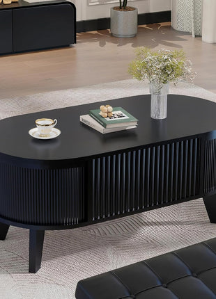 Contemporary Oval Fluted Lift-Top Coffee Table with Storage for Living Room or Home Office in Black
