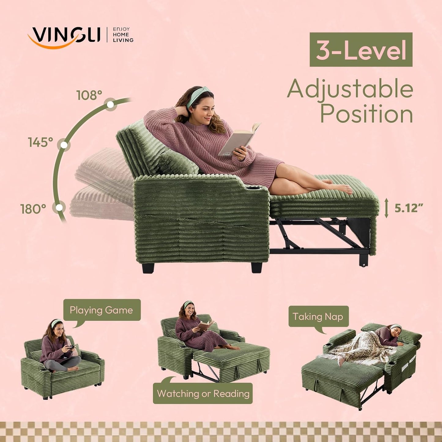 Green Futon Sofa Bed Convertible Loveseat Sleeper Sofa Couch, Corduroy Pullout Sofa Fold Out Couch Bed with USB Ports, Cup Holders, Armrest for Living Room, Bedroom Apartment Room | Lveseat Sleeper