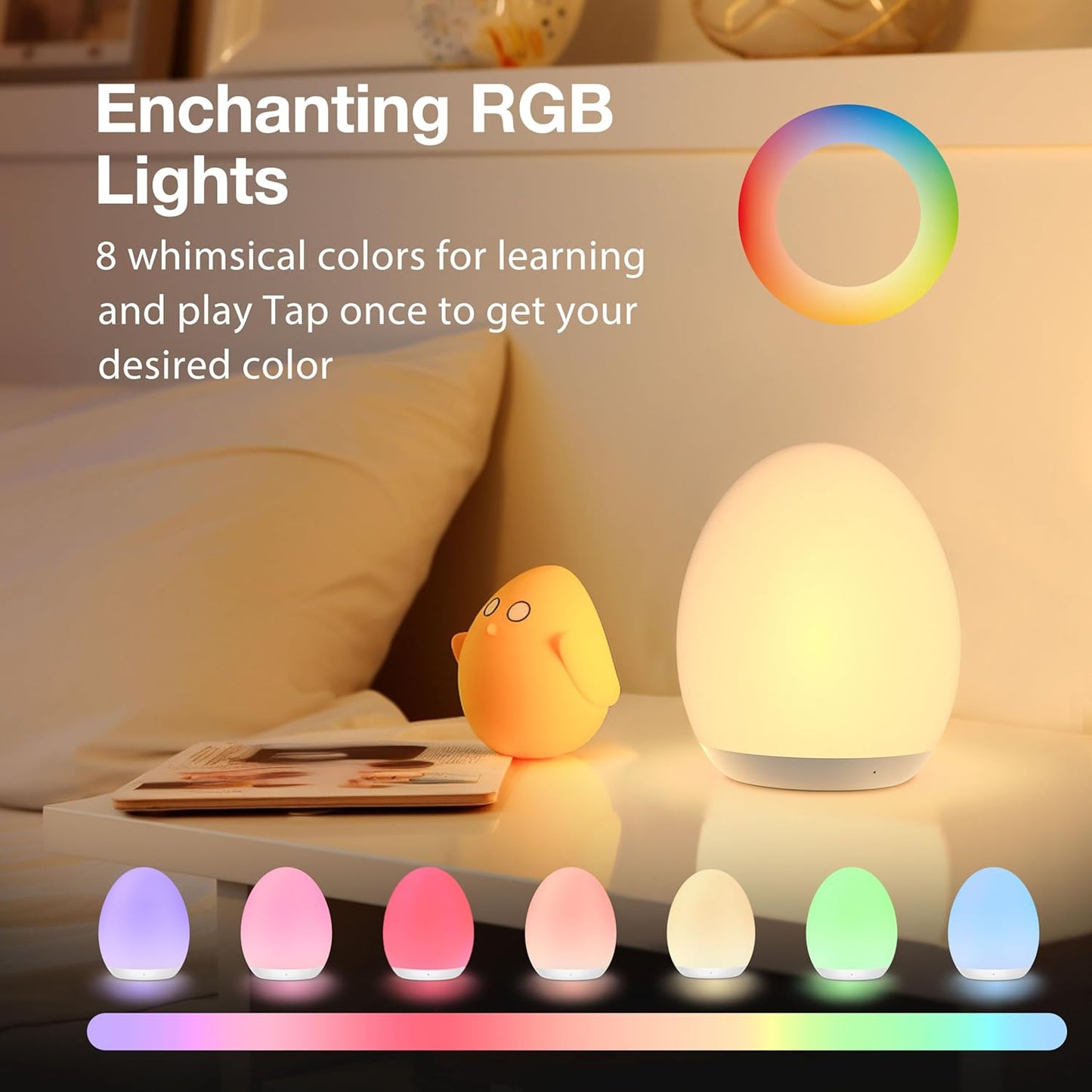 Night Light for Kids, Baby Night Light with 7 Colors Changing Mode & Stepless Dimming, Nursery Night Light BPA Free,Rechargeable Egg Night Light for Breastfeeding 1H Timer & Touch Control