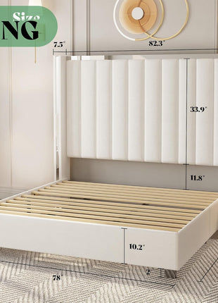 5-Piece Contemporary Bedroom Set with King Size Upholstered Platform Bed, 58" Wingback Headboard, 6-Drawer Dresser, Tall Chest, and 2 Coordinated Nightstands in Cream and White