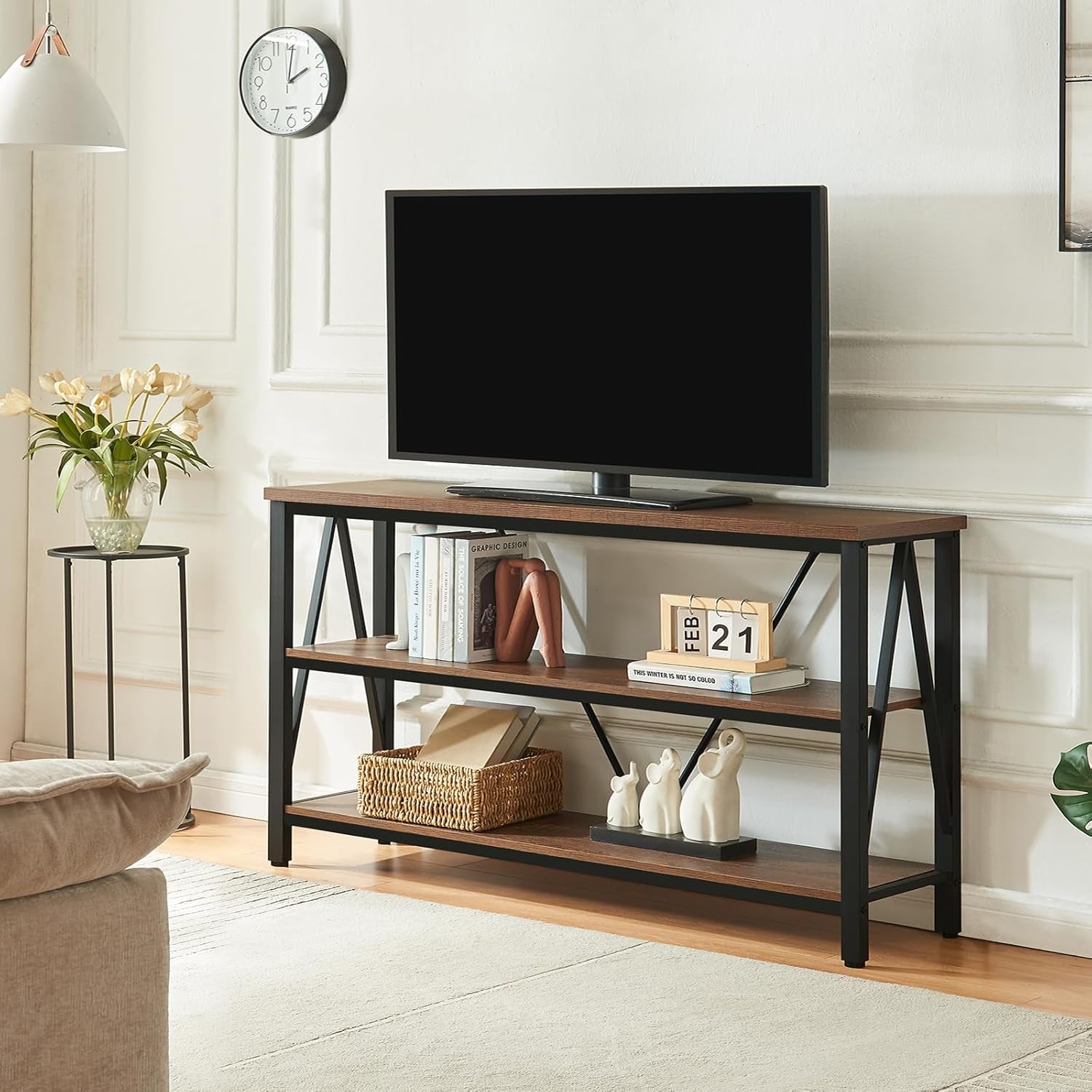 Entryway Console Table, Rustic Couch with Wide Storage, Industrial Sofa Tables with 3-Tier Open Shelves, Entryway Table for Living Room, Hallway, Brown, 55 Inch