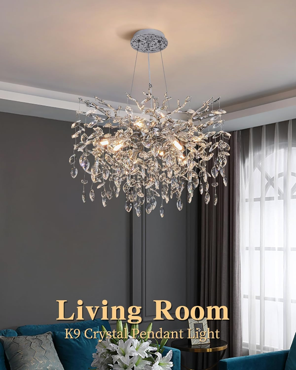 Modern Tree Branch Crystal Chandelier Luxury Silver Crystal Pendant Lighting 23.6" Contemporary 8-Light Chandeliers for Dining Room Kitchen Bedroom Living Room