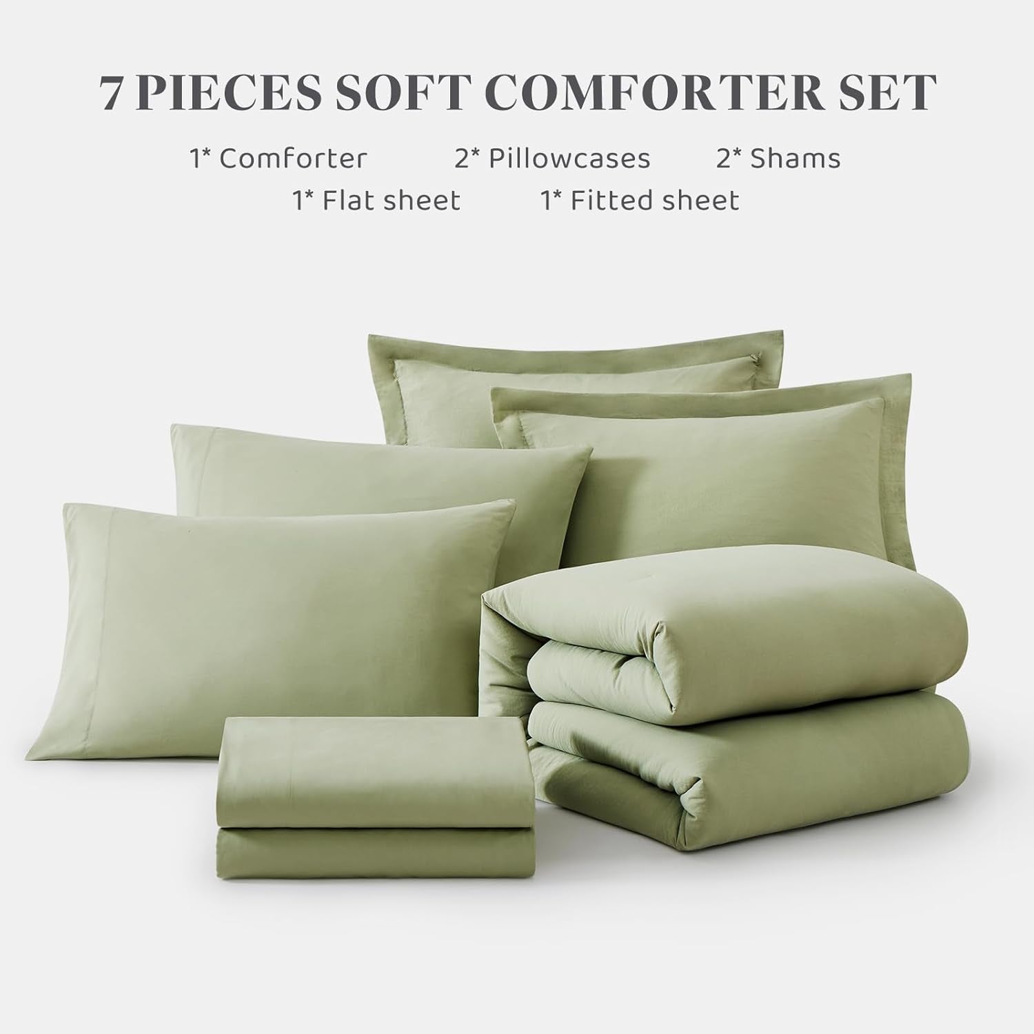 Queen Comforter Set - 7 Pieces Sage Green Soft Bed in a Bag Queen with Fitted Sheet, Flat Sheet, 2 Pillow Shams, and 2 Pillowcases- Warm Bedding Sets Queen for All Season