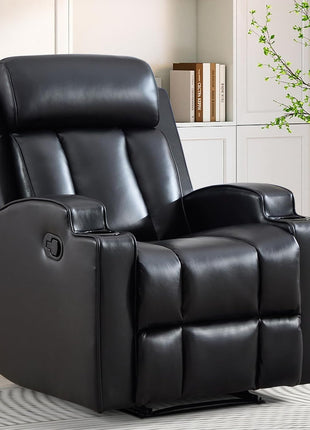 Premium PU Leather Manual Recliner Chair for Adults with Cup Holders and Padded Backrest, Overstuffed Heavy Duty Reclining Sofa for Living Room and Bedroom, Black