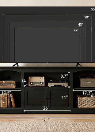 71-Inch Contemporary Farmhouse TV Stand for TVs up to 80 Inches with Arched Cabinet Doors and Adjustable Open Storage Shelves, Media Console Table for Living Room in Black