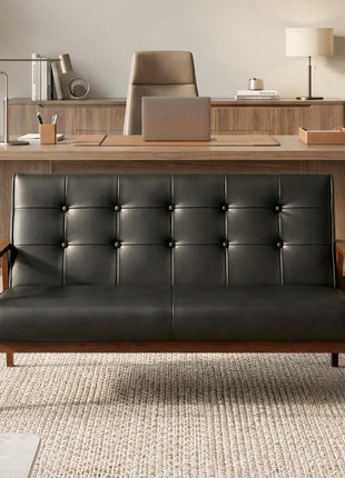 Mid-Century Modern Upholstered Faux Leather Loveseat Sofa with Wood Arms, 2-Seat Couch for Living Room and Outdoor Lounge, 50” Width