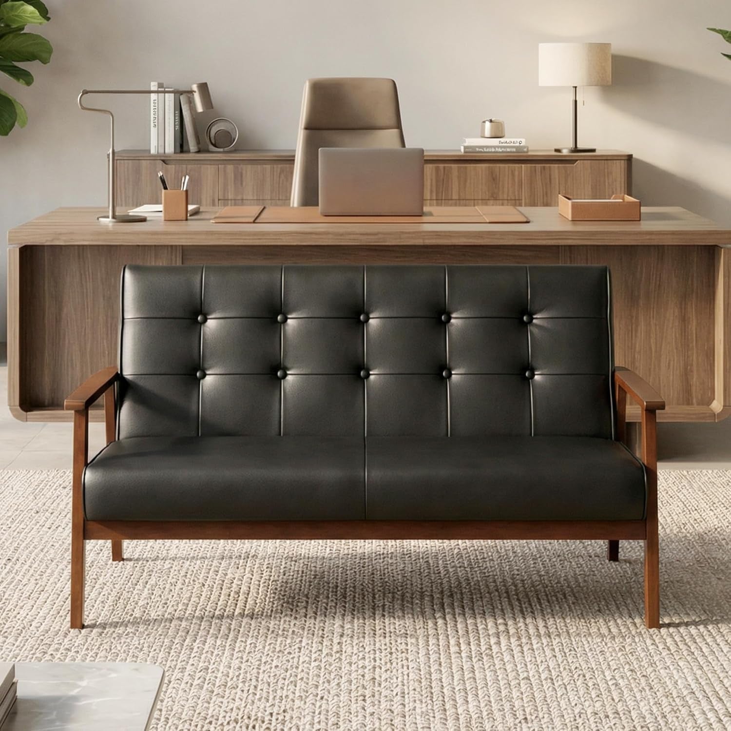 Mid-Century Modern Solid Loveseat Sofa Upholstered Faux Leather Couch 2-Seat Wood Armchair Living Room/Outdoor Lounge Chair, Waiting Room Sofa, 50”W