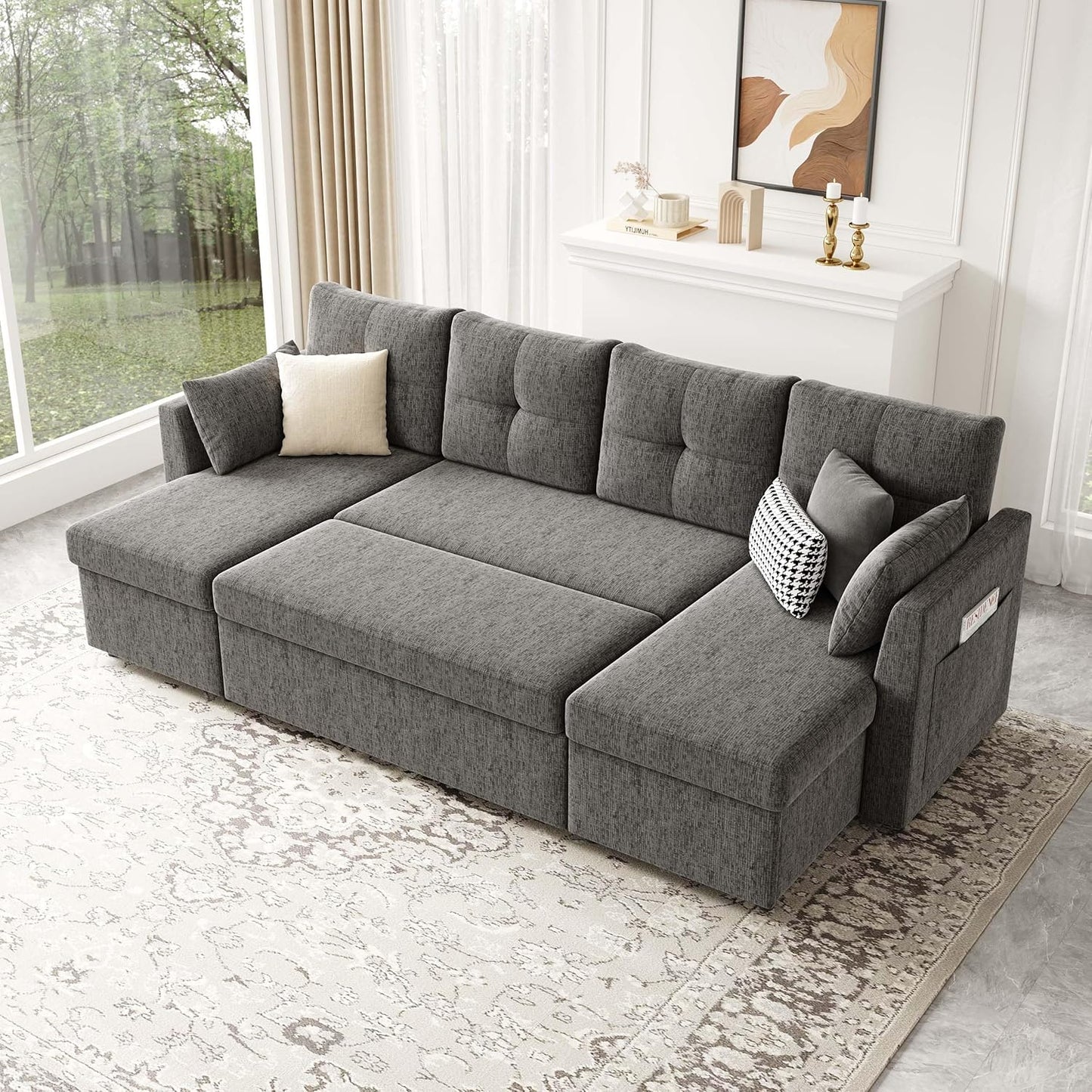 Oversized Sleeper Couch Sofa, 110 Inch 2 in 1 Pull Out Couch with Double Storage Chaise, Sectional Sleeper Sofa Bed with Side Pocket for Living Room, Dark Grey