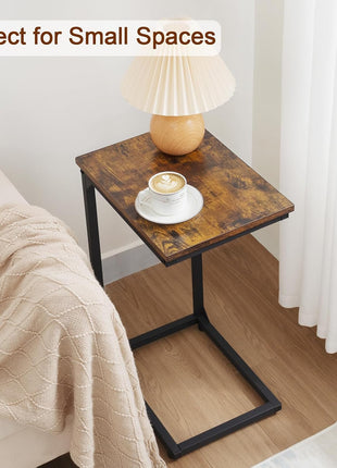 C-Shaped Rustic Brown Side Table Set of 2 for Living Room and Bedroom, Space-Saving Design for Sliding Under Couch, Model HET02CBR