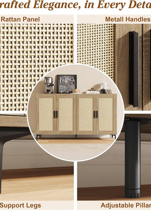 48" Rattan Buffet Cabinet with Adjustable Shelves - Modern Sideboard Console Table for Kitchen, Living Room, Entryway, and Dining Room