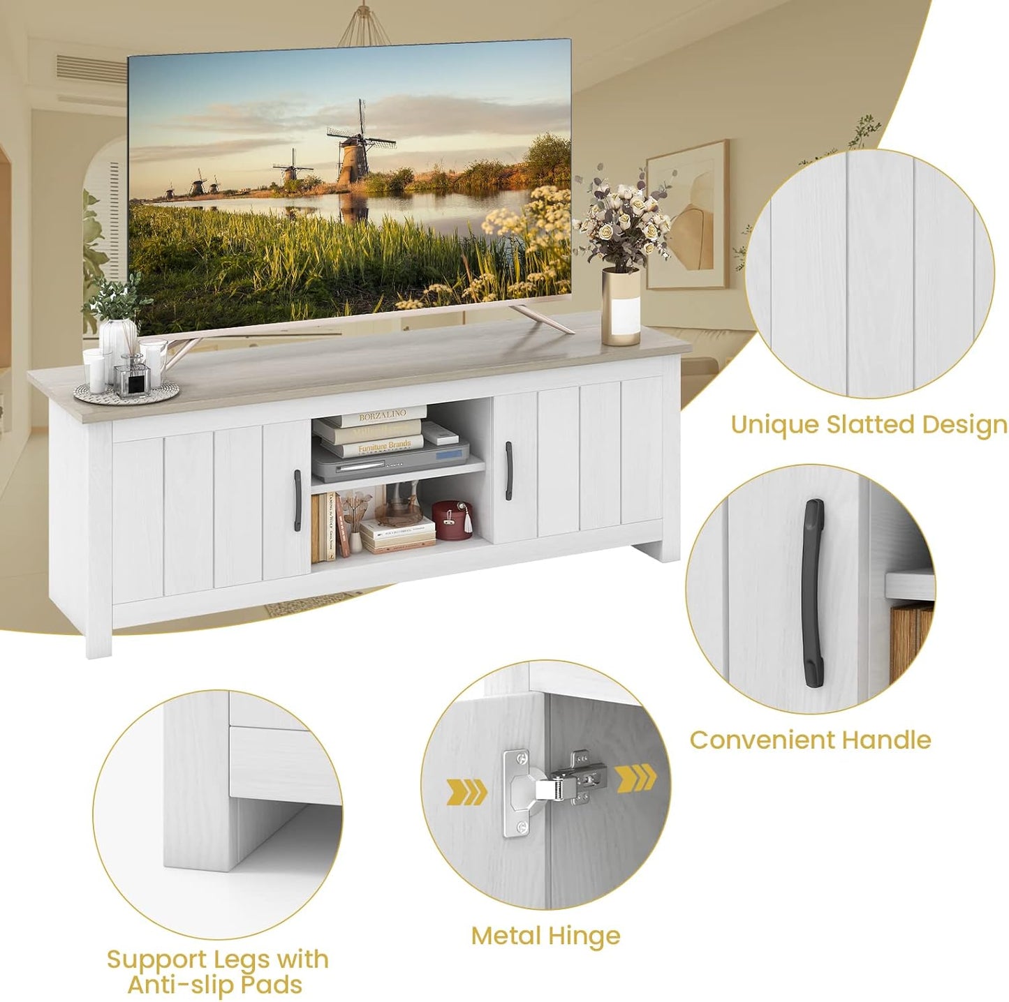 2 Doors TV Stand for Tvs up to 65”, 57” Media Console Table W/ 2 Cabinets & Open Shelves, 2 Cable Management Holes. Wood Entertainment Center Cabinet for Living Room (White Oak)