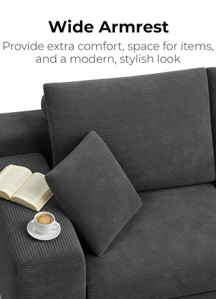 Loveseat Sofa in a Box - 78" Modern Upholstered Corduroy Couch with Deep 30" Seat, Dark Grey, Ideal for Living Room and Home Office, No Assembly Required
