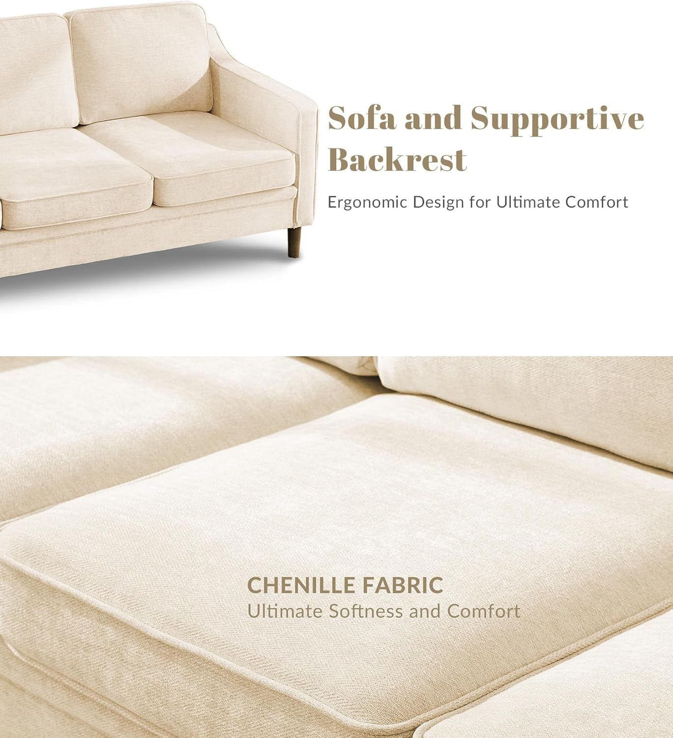 80" Chenille Sofa, 3 Seater Couch, Mid Century Modern Couches with Solid Wood Legs for Living Room & Bedroom, Beige