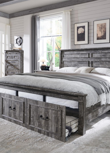 Farmhouse King Size Bed Frame with 51" Tall Headboard, Wood Platform Design, 20" Tall Roman Column Footboard, and 3 Spacious Storage Drawers - No Box Spring Required (Light Grey)