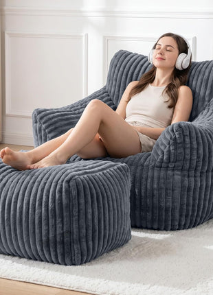 Oversized Bean Bag Chair with Ottoman for Adults, Plush Lounge Sofa Bed for Living Room and Bedroom - Grey