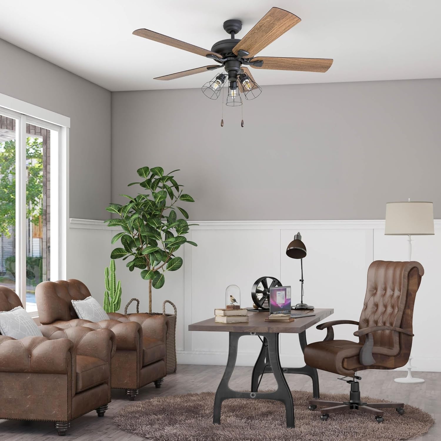 Lincoln Woods, 52 Inch Industrial Style LED Ceiling Fan with Light, Pull Chain, Three Mounting Options, 5 Dual Finish Blades, Reversible Motor - 50581-01 (Bronze)