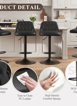Set of 3 Contemporary Adjustable Swivel Bar Stools with Tufted Backrest, PU Leather Upholstery, Counter Height for Bar, Kitchen Island, and Dining Room, Black