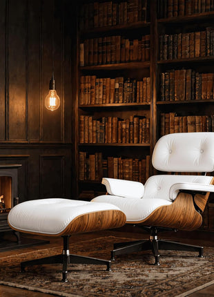 Mid-Century Modern Top Grain Leather Chaise Lounge Chair and Ottoman with Durable Base Support, Walnut and White Finish for Living Room, Study, or Office