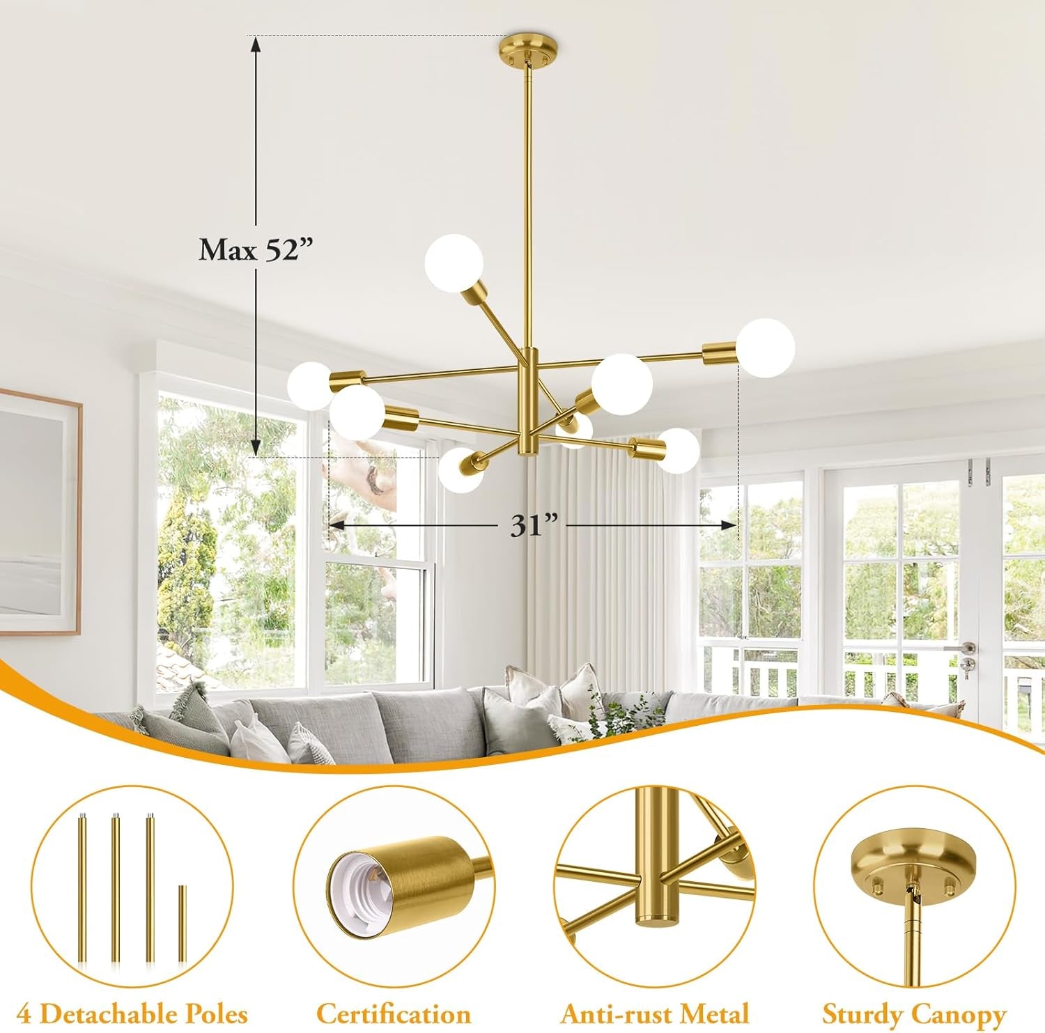 8-Light Modern Sputnik Chandelier, Mid Century Gold Chandeliers Lighting, Farmhouse Ceiling Hanging Light Fixture for Dining Room Bedroom Living Room Kitchen Foyer, Height Adjustable