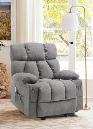 Ergonomic Massage Rocker Recliner Chair with Heat and Vibration - Overstuffed Lounge Chair for Living Room with 4 Side Pockets and 2 Cup Holders in Grey
