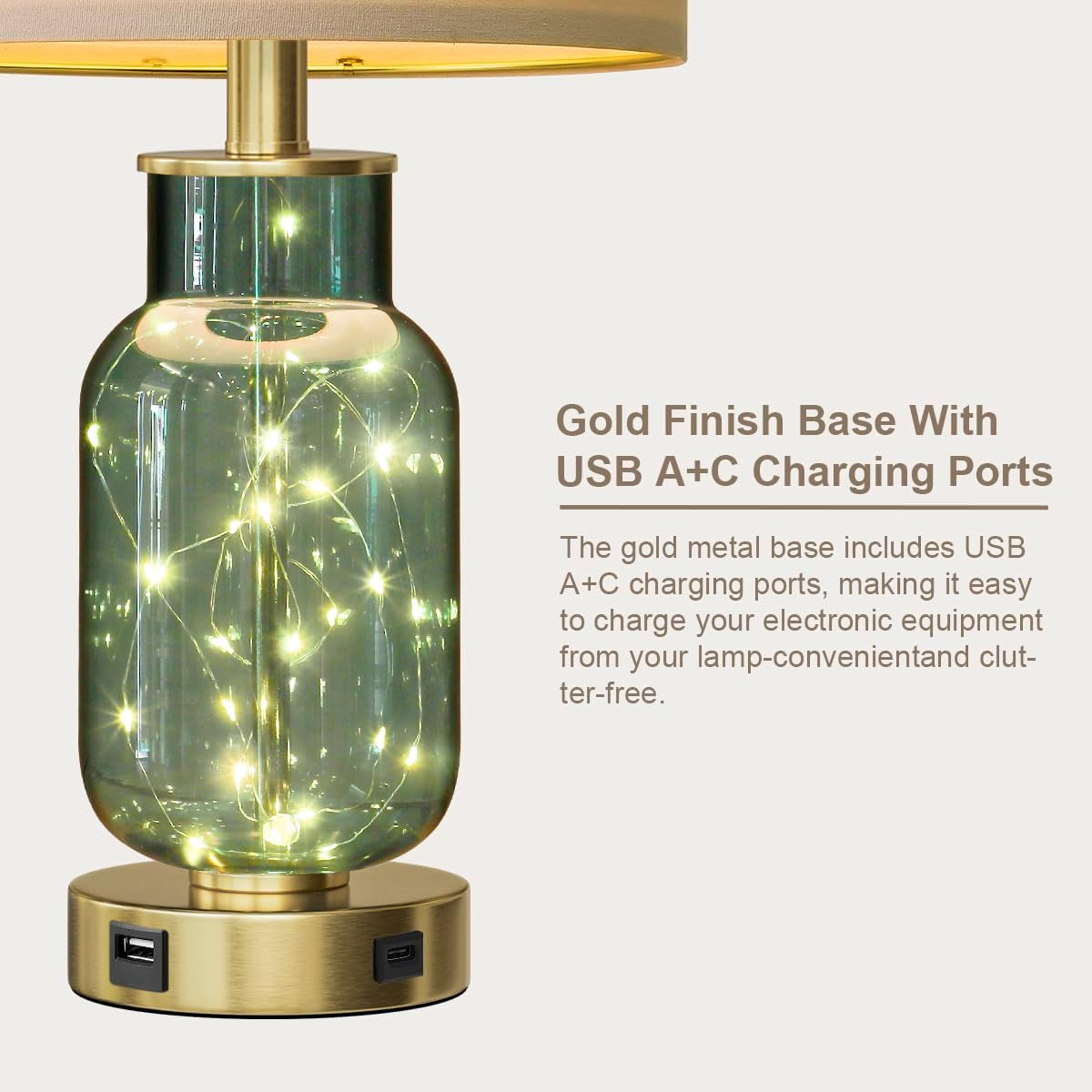 22" Glass Table Lamps Set of 2, Green Modern Bedside Lamp with LED Night Light for Living Room, Nightstand Lamp with USB Ports for Bedrooms, Study Room, End Table(2 Bulbs Included)