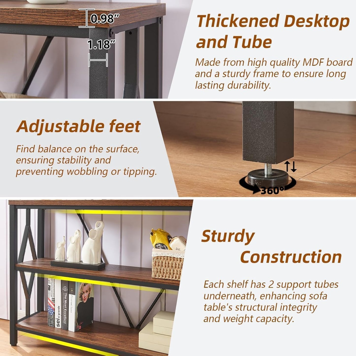 Sofa Console Table, Rustic Console Table with 3-Tier Storage, Engineered Wood Sofa Tables with Open Shelves, Heavy Duty Entryway Tables for Living Room, Hallway (47 Inch, Rustic Brown)