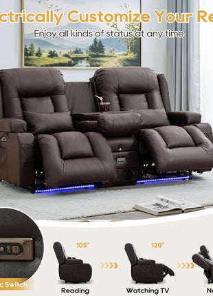 Premium Power Recliner Sofa with Flip-Up Backrest Console, USB & USB-C Ports, AC Outlet, LED Lighting, Space-Saving Design for Living Room and RV (Brown, 67" - 3 Seats) | Faux Leather, Zero Gravity, Dual Reclining, Includes 2 Lumbar Pillows and Bluetooth Speakers