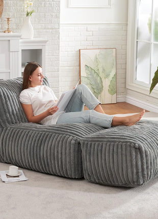 Large Bean Bag Lounger Chair for Adults with Memory Foam Filling - Ideal for Living Room, Bedroom, or Balcony (Stripe Grey)