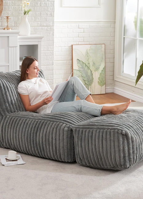 Large Bean Bag Lounger Chair for Adults with Memory Foam Filling - Ideal for Living Room, Bedroom, or Balcony (Stripe Grey)