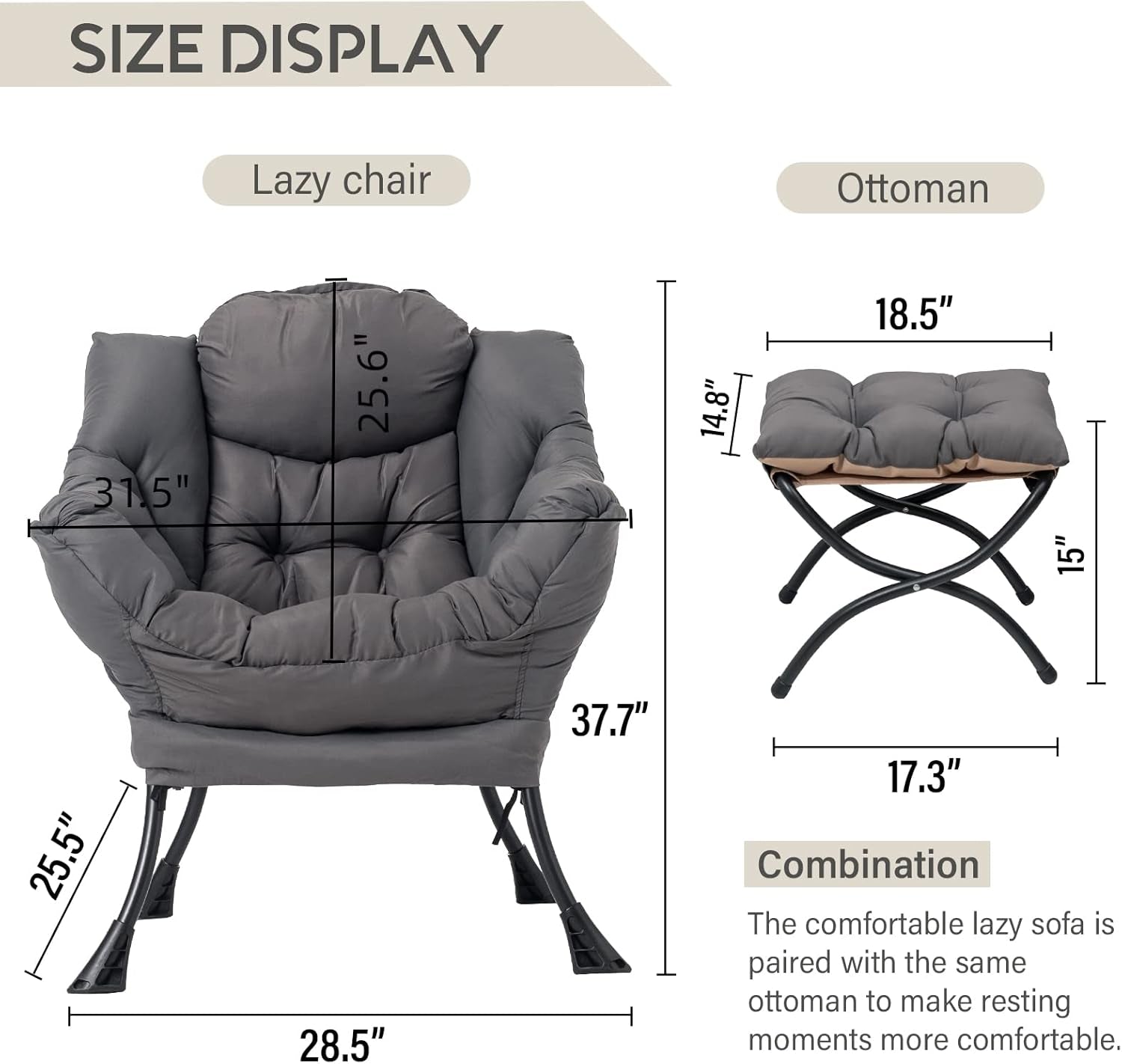 Lazy Chair with Ottoman, Modern Accent Leisure Upholstered Lazy Sofa Armchair, Contemporary Lounge Reading Chair with Armrests and a Side Pocket for Living Room, Bedroom & Small Space, Dark Grey