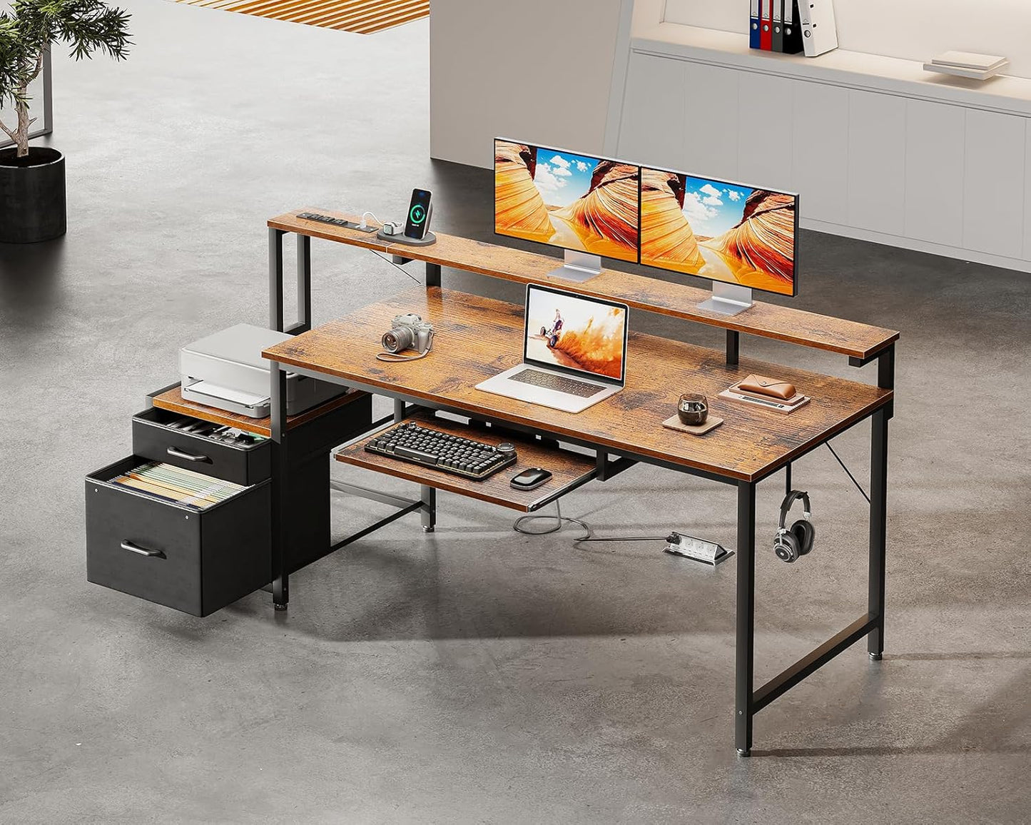 Computer Desk with Drawers and Keyboard Tray, 63" Office Desk with Power Outlet, Reversible Study Work Desk with Printer Shelf and PC Stand for Home Office, Vintage