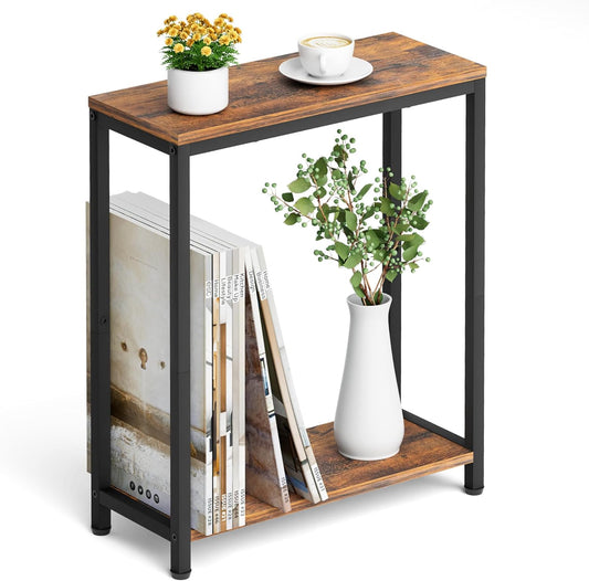 Narrow Small Side Table for Small Space, 2 Tier Sofa Skinny End Table for Living Room, Bedroom beside Slim Nightstand, Rustic Brown and Classic Black