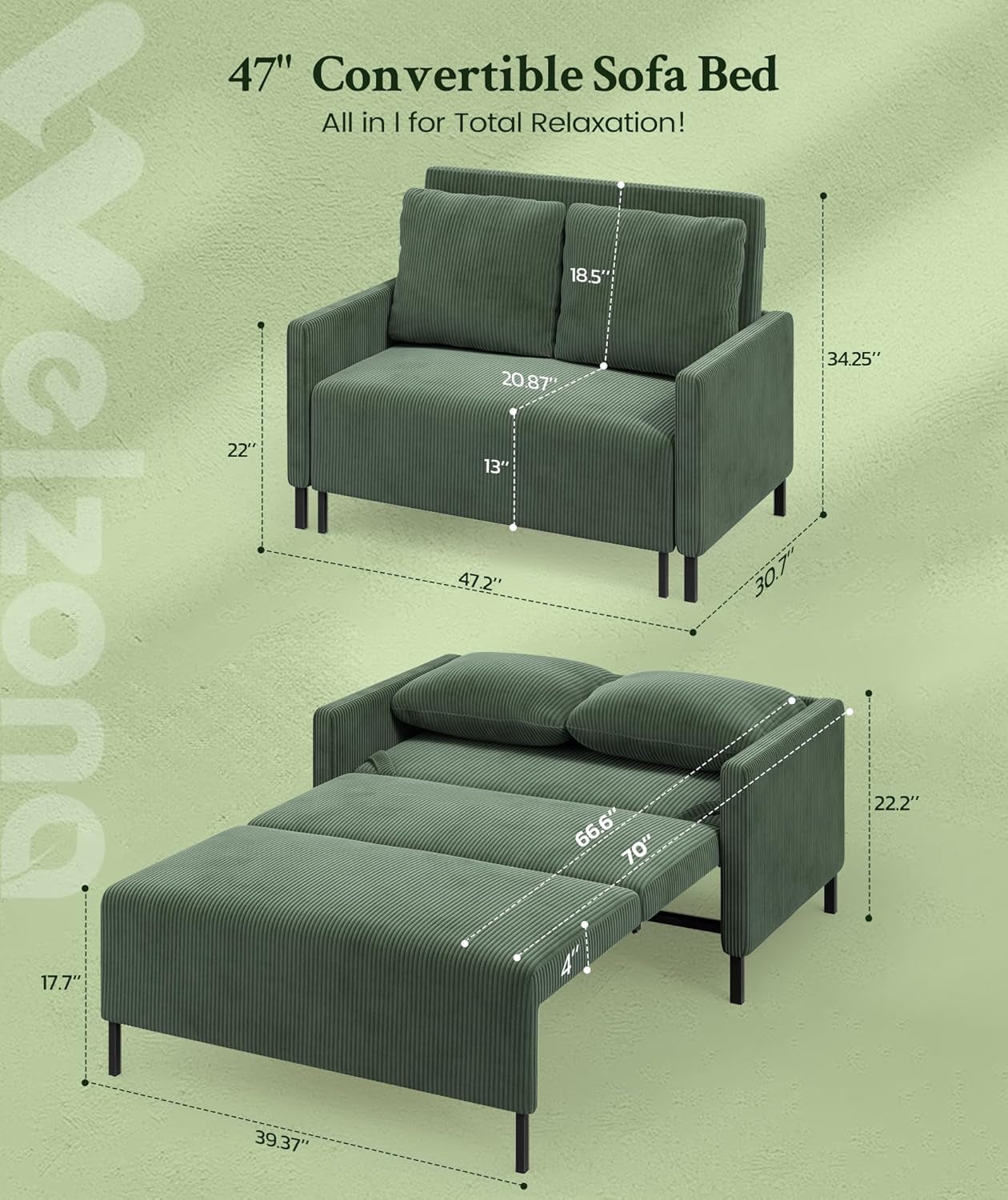 47.2" Convertible Sofa Bed Couch, Comfy Corduroy Couch Bed, All in 1 Loveseat Sleeper Sofa, Love Seat Sleeper Bed with 2 Pillows, Modern Couches for Living Room/Apartment/Home/Office, Green