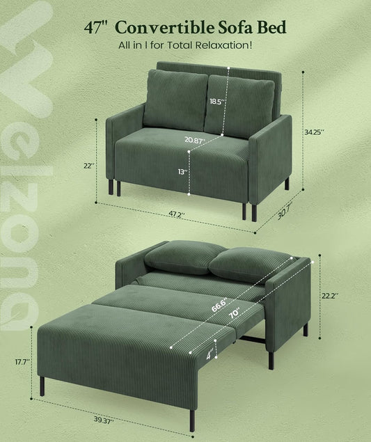 47.2" Convertible Sofa Bed Couch, Comfy Corduroy Couch Bed, All in 1 Loveseat Sleeper Sofa, Love Seat Sleeper Bed with 2 Pillows, Modern Couches for Living Room/Apartment/Home/Office, Green