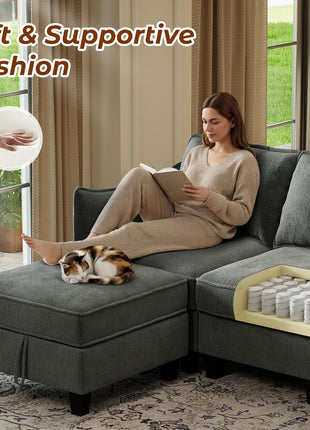 L-Shaped Modular Sectional Sofa with Storage Ottoman and Washable Cushion Covers for Living Room, Apartment, or Bedroom in Grey