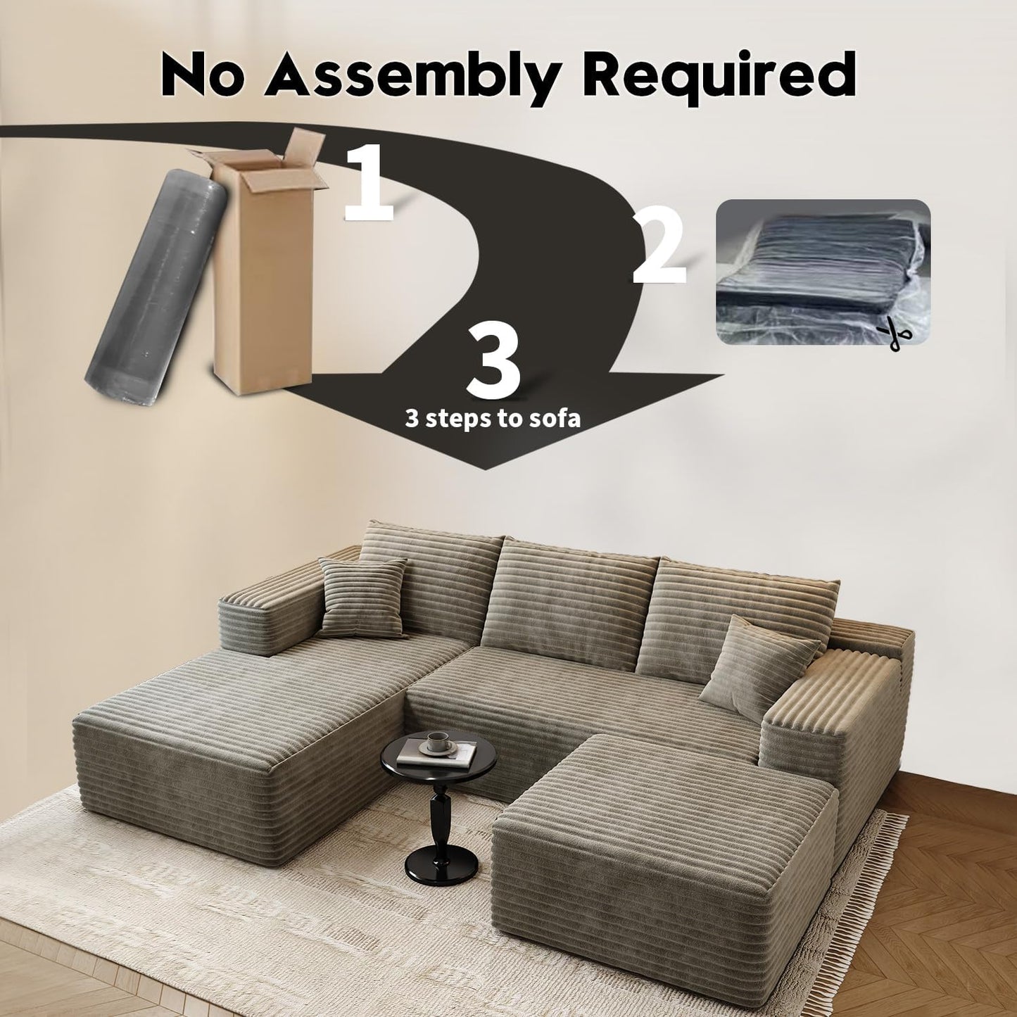 107.5" Cloud Modular Sectional Couch with 1 Ottoman,Modern Minimalist Upholstered Couches, Comfort U Shaped Sofa for Living Room,Deep Seat Corner Couch，No Assembly Required (Camel,Left Facing Chaise)