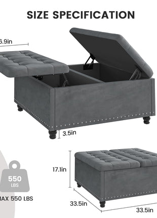 35-Inch Large Square Ottoman with Storage – Oversized Lift-Top Coffee Table Featuring Wood Legs and Tufted Upholstered Design for Living Room in Gray