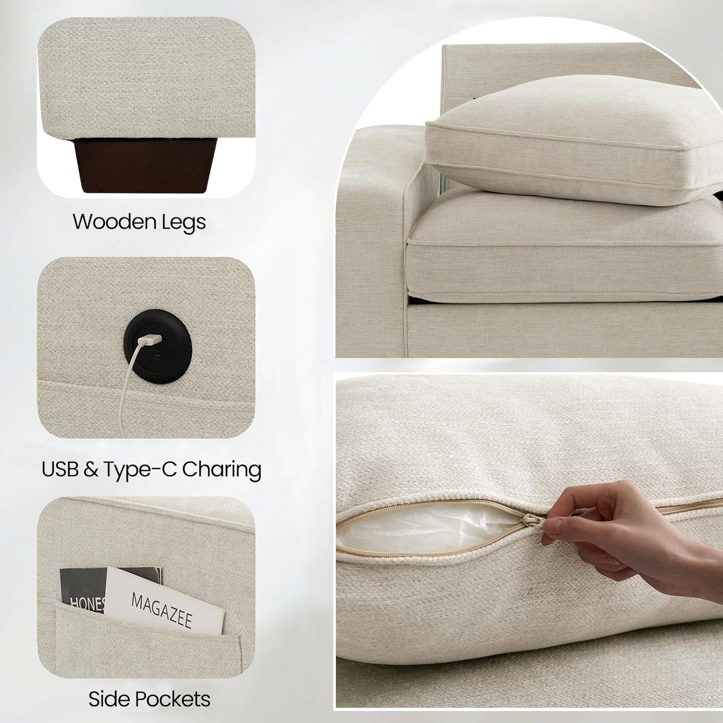 100" Modular Sectional Sofa with Seats Storage, L Shaped Couch with Movable Ottoman for Living Room, Couch with Chaise, Solid Wood Frame, Spring Cushions, USB Port, Removable Covers, Beige | Seats Storage, Movable Ottoman, Flexible Modularsofa