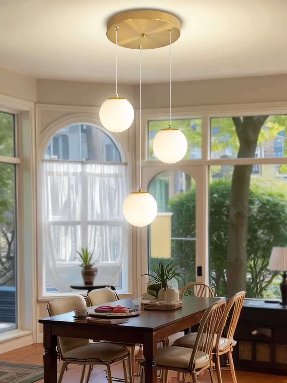 3-Light White Globe Glass Pendant Light Modern Gold Chandelier White Glass Pendant Chandelier for Dining Room Kitchen Island Foyer Hallway