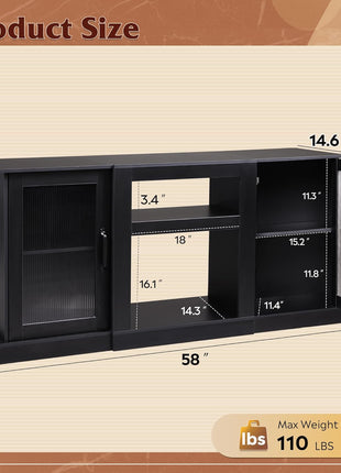 58-Inch Farmhouse TV Stand for 65-Inch Televisions, Entertainment Center with Storage Cabinets and Open Shelves, Black Finish for Living Room and Bedroom
