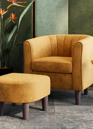 Contemporary Velvet Accent Chair with Ottoman - Elegant Barrel Armchair for Living Room, Bedroom, and Reading Nook in Yellow