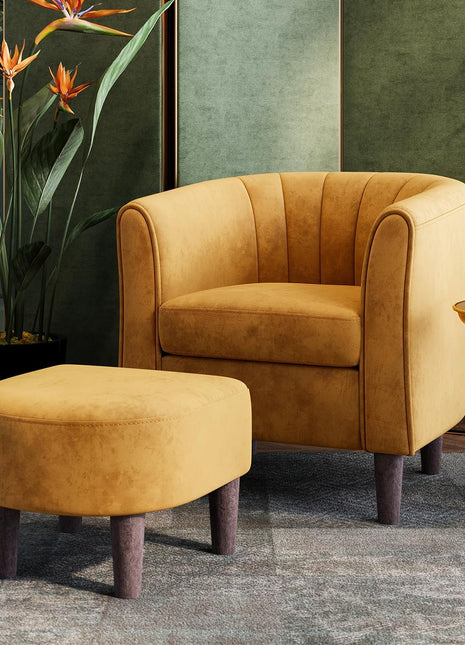 Contemporary Velvet Accent Chair with Ottoman - Elegant Barrel Armchair for Living Room, Bedroom, and Reading Nook in Yellow