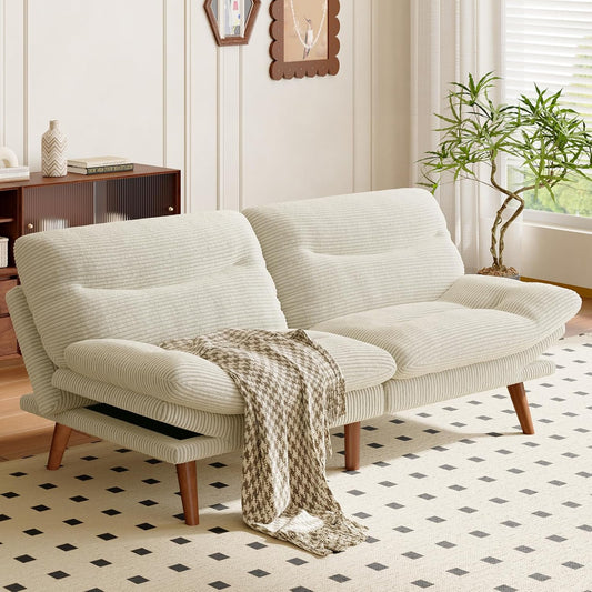 AMADA 66"Convertible Futon Sofa Bed, Corduroy Folding Futon Set with Adjustable Backrest &Armrests, Recliner Lounge for Living Room, Apartment or Office, Solid Wood Frame, Loveseat Sofa - Beige White
