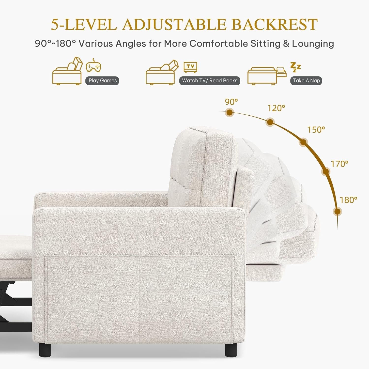 55" Convertible Sofa, 3-In-1 Sleeper Sofa with Pull-Out, Velvet Futon Couch with Adjustable Backrest and USB, Modern Loveseat for Living Room Apartment, Light Beige