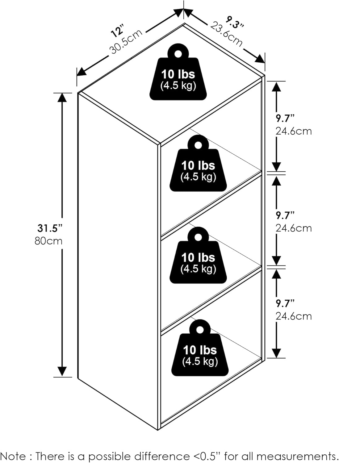 LUDER Book Shelf, 3-Cube Bookshelf, Bookcase with Open Shelves, 9.3 X 12 X 31.5, for Living Room, Bedroom, Home Office, White