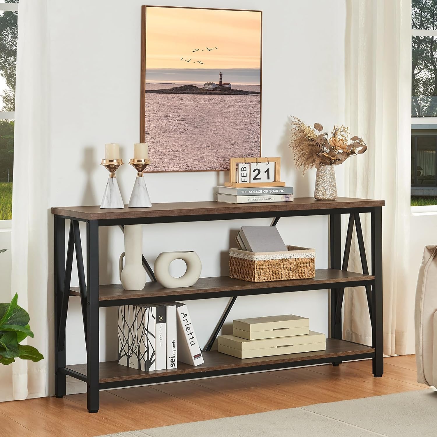 Entryway Console Table, Rustic Couch with Wide Storage, Industrial Sofa Tables with 3-Tier Open Shelves, Entryway Table for Living Room, Hallway, Brown, 55 Inch