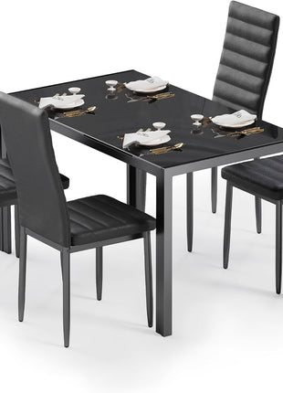 Contemporary 5-Piece Dining Table Set for Four with Tempered Glass, Perfect for Home, Kitchen, Living Room, and Dining Room (Black)